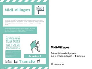 Midi-Villages Présentation de 8 projets  sur le mode 4 diapos – 4 minutes 22 novembre 