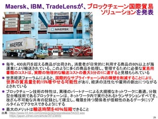 29
出典： https://www-03.ibm.com/press/jp/ja/pressrelease/54222.wss
https://japan.zdnet.com/article/35123855/
Maersk、IBM、TradeLensが、ブロックチェーン国際貿易
ソリューションを発表
⚫ 毎年、400兆円を超える商品が出荷され、消費者が日常的に利用する商品の80%以上が海
運業により輸送されている。このように多くの商品を処理し、管理するために必要な貿易用
書類のコストは、実際の物理的な輸送コストの最大5分の1に達すると見積もられている
⚫ 世界経済フォーラムによると、国際的なサプライ・チェーン内の障壁を削減することにより、
世界の貿易量を約15%増やせる可能性があり、経済の活性化や雇用の創出につながる
とされている
⚫ ブロックチェーン技術の特性は、異種のパートナーによる大規模なネットワークに最適。分散
型台帳技術であるブロックチェーンは、ネットワーク内で実行されるトランザクションすべてを、
改ざん不可能な共有の記録として確立し、権限を持つ関係者が信頼性のあるデータにリア
ルタイムでアクセスできるようにする
⚫ 最大のメリットは輸送時間を40％短縮できること
 