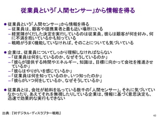 従業員という「人間センサー」から情報を得る
⚫ 従業員という「人間センサー」から情報を得る
– 従業員は、顧客や提携業者と最も近い場所にいる
– 経営陣がくだした決定を実行しているのは従業員。彼らは顧客が何を好み、何
に不満を抱いているかも知っている
– 戦略がうまく機能していなければ、そのことについても気づいている
⚫ 企業は、従業員についてしっかり理解しなければならない
– 「従業員は何をしているのか、なぜそうしているのか」
– 「彼らが提供する時間やエネルギー、知識は、目標に向かって会社を推進させ
ているか」
– 「彼らはやりがいを感じているか」
– 「従業員は何を知っているのか。いつ知ったのか」
– 「彼らがいつ何をしているか、なぜそうしているか」
⚫ 従業員とは、会社が給料を払っている数千の「人間センサー」。それに気づいてい
なかったり、あえてそれを無視したりしている企業は、情報に基づく意思決定も、
迅速で効果的な実行もできない
43
出典： 『対デジタル・ディスラプター戦略』
 