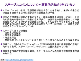 ⚫ステーブルコインとは、取引価格が安定することを目的に、米ドルや金など
の資産と連動するように設計された仮想通貨の一種
⚫従来の仮想通貨は価格の変動が大きく、高騰や暴落を繰り返してきた。その
ため投機的な意味合いで保有する人が多く、決済手段や資産保有としての安
定性は欠いているのが大きな課題だった。こうしたデメリットをなくすこと
を目的に作られたのが、法定通貨に価格をペッグ（紐付け）し、価値を安定
させるステーブルコインだった
⚫ステーブルコインの種類
– 法定通貨担保型
– 仮想通貨担保型
– 商品担保型
– 無担保型（シニョレッジ・シェア型）～アルゴリズムによって成立させる
⚫市場では、5月のステーブルコイン・テラUSDの急落を機に信用収縮の方向に
向かっており、ステーブルコインのリスクに注目が集まっている
⚫暗号資産市場の安定回復に向け、ステーブルコインの改革や規制の整備が求
められる
ステーブルコインについて～重要だがまだできていない
60
出典： https://thefinance.jp/fintech/220803
 