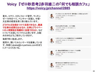 Voicy 『ゼロ秒思考』赤羽雄二の「何でも相談カフェ」
https://voicy.jp/channel/2885
68
東大、コマツ、スタンフォード留学、マッキン
ゼー14年をへて、ベンチャー支援と、中堅・
大企業の経営改革に取り組んでいます。
どうすれば自信をつけて成長できるか、最速
で仕事の成果を出せるか、仕事とプライベー
トの人間関係を飛躍的に改善できるか、など
についてお話していけたらと思います。お勧
めの本などもご紹介していきます。
毎朝7時に放送します。
質問や、聞いてみたいテーマを募集していま
す。気軽にakaba@b-t-partners.comのほう
にメールくださいね。
 