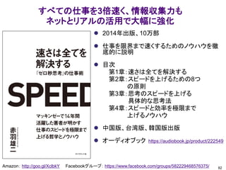 すべての仕事を3倍速く、情報収集力も
ネットとリアルの活用で大幅に強化
Amazon： http://goo.gl/XclbkY Facebookグループ： https://www.facebook.com/groups/582229468576375/
⚫ 2014年出版、10万部
⚫ 仕事を限界まで速くするためのノウハウを徹
底的に説明
⚫ 目次
第1章：速さは全てを解決する
第2章：スピードを上げるための8つ
の原則
第3章：思考のスピードを上げる
具体的な思考法
第4章：スピードと効率を極限まで
上げるノウハウ
⚫ 中国版、台湾版、韓国版出版
⚫ オーディオブック https://audiobook.jp/product/222549
82
 