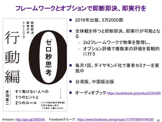 フレームワークとオプションで即断即決、即実行を
83
Amazon: http://goo.gl/2hBDXK Facebookグループ： https://www.facebook.com/groups/1737678589794026/
⚫ 2016年出版、3万2000部
⚫ 全体観を持つと即断即決、即実行が可能とな
る
– 2x2フレームワークで物事を整理し、
– オプション評価で複数案の評価を客観的
に行う
⚫ 毎月1回、ダイヤモンド社で著者セミナーを実
施中
⚫ 台湾版、中国版出版
⚫ オーディオブック https://audiobook.jp/product/234385
 