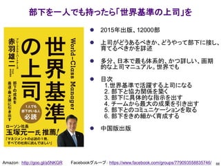 部下を一人でも持ったら「世界基準の上司」を
⚫ 2015年出版、12000部
⚫ 上司がどうあるべきか、どうやって部下に接し、
育てるべきかを詳述
⚫ 多分、日本で最も体系的、かつ詳しい、画期
的な上司マニュアル。世界でも
⚫ 目次
1.世界基準で活躍する上司になる
2. 部下と協力関係を築く
3. 部下に具体的な指示を出す
4. チームから最大の成果を引き出す
5. 部下とのコミュニケーションを取る
6. 部下をきめ細かく育成する
⚫ 中国版出版
Amazon： http://goo.gl/a5NKGR Facebookグループ： https://www.facebook.com/groups/779093558835746/ 88
 