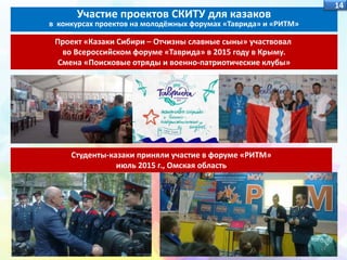 14
Проект «Казаки Сибири – Отчизны славные сыны» участвовал
во Всероссийском форуме «Таврида» в 2015 году в Крыму.
Смена «Поисковые отряды и военно-патриотические клубы»
Участие проектов СКИТУ для казаков
в конкурсах проектов на молодёжных форумах «Таврида» и «РИТМ»
Студенты-казаки приняли участие в форуме «РИТМ»
июль 2015 г., Омская область
14
 