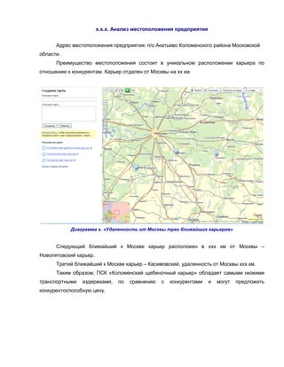 х.х.х. Анализ местоположения предприятия


      Адрес местоположения предприятия: п/о Акатьево Коломенского района Московской
области.
      Преимущество местоположения состоит в уникальном расположении карьера по
отношению к конкурентам. Карьер отдален от Москвы на хх км.




            Диаграмма х. «Удаленность от Москвы трех ближайших карьеров»


      Следующий ближайший к Москве карьер расположен в ххх км от Москвы –
Новопятовский карьер.
      Третий ближайший к Москве карьер – Касимовский, удаленность от Москвы ххх км.
      Таким образом, ПСК «Коломенский щебеночный карьер» обладает самыми низкими
транспортными   издержками,    по   сравнению   с   конкурентами   и   могут   предложить
конкурентоспособную цену.
 