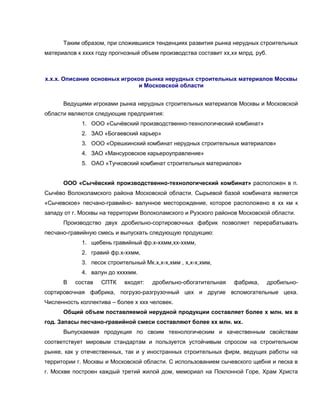 Таким образом, при сложившихся тенденциях развития рынка нерудных строительных
материалов к хххх году прогнозный объем производства составит хх,хх млрд. руб.



х.х.х. Описание основных игроков рынка нерудных строительных материалов Москвы
                               и Московской области


      Ведущими игроками рынка нерудных строительных материалов Москвы и Московской
области являются следующие предприятия:
             1. ООО «Сычёвский производственно-технологический комбинат»
             2. ЗАО «Богаевский карьер»
             3. ООО «Орешкинский комбинат нерудных строительных материалов»
             4. ЗАО «Мансуровское карьероуправление»
             5. ОАО «Тучковский комбинат строительных материалов»


      ООО «Сычёвский производственно-технологический комбинат» расположен в п.
Сычёво Волоколамского района Московской области. Сырьевой базой комбината является
«Сычевское» песчано-гравийно- валунное месторождение, которое расположено в хх км к
западу от г. Москвы на территории Волоколамского и Рузского районов Московской области.
      Производство двух дробильно-сортировочных фабрик позволяет перерабатывать
песчано-гравийную смесь и выпускать следующую продукцию:
             1. щебень гравийный фр.х-ххмм,хх-ххмм,
             2. гравий фр.х-ххмм,
             3. песок строительный Мк.х,х-х,хмм , х,х-х,хмм,
             4. валун до ххххмм.
      В   состав    СПТК    входят:   дробильно-обогатительная    фабрика,       дробильно-
сортировочная фабрика, погрузо-разгрузочный цех и другие вспомогательные цеха.
Численность коллектива – более х ххх человек.
      Общий объем поставляемой нерудной продукции составляет более х млн. мх в
год. Запасы песчано-гравийной смеси составляют более хх млн. мх.
      Выпускаемая продукция по своим технологическим и качественным свойствам
соответствует мировым стандартам и пользуется устойчивым спросом на строительном
рынке, как у отечественных, так и у иностранных строительных фирм, ведущих работы на
территории г. Москвы и Московской области. С использованием сычевского щебня и песка в
г. Москве построен каждый третий жилой дом, мемориал на Поклонной Горе, Храм Христа
 