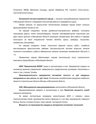 Спасителя, МКАД, Манежная площадь, здание Сбербанка РФ, строится «Сити-центр»,
третье бетонное кольцо.


       Богаевский песчано-гравийный карьер — мощное горнодобывающее предприятие
в Московской области с передовой технологией добычи и переработки сырья.
       Объём запасов: по результатам геологической разведки карьер может успешно
функционировать более хх лет.
       На карьере сооружены четыре дробильно-сортировочных фабрики, построена
подъездная дорога, линия электропередачи, мощная трансформаторная подстанция для
двух самых крупных в Московской области шагающих экскаваторов. Для работы в карьере
используют не мало специальной техники: БелАЗы, краны, грейдеры, погрузчики,
экскаваторы, бульдозеры.
       На   карьере    внедрены      новые   технологии   ведения   горных    работ:   отработка
месторождения фронтальными забоями, бестранспортная система вскрытия запасов
полезного ископаемого, добыча обводненных запасов шагающим экскаватором ЭШ-хх/хх и
т.д.
       Применение: карьер обеспечивает сырьем значительную часть строительного
комплекса города Москвы и Московской области.


       ООО "Орешкинский КНСМ" пущен в эксплуатацию в хххх. Предприятие создано на
основание решение учредителей, оформленного учредительным договором. Расположен в
ххкм от ж/д. станции Тучкова.
       Производительность предприятия составляет ххххтыс. м. куб. нерудных
материалов из них хххтыс. м. куб. песка. Основными потребителями продукции комбината
является строительные объекты Москвы и Московской области.


       ЗАО «Мансуровское карьероуправление» расположено в Московской области.
       Карьероуправления введено в эксплуатацию в хххх Проектная мощность хххмЗ
нерудных материалов.
       За   время     эксплуатации    проведена    реконструкция    ДСФ   и    освоены    новые
технологические линий: производства песка-х фракции от х до хмм; производство товарного
бетона, бетона стеновых блоков, сухих смесей, тротуарной плитки.
       Мощность по производству нерудных материалов составляет хххххххмЗ.
 