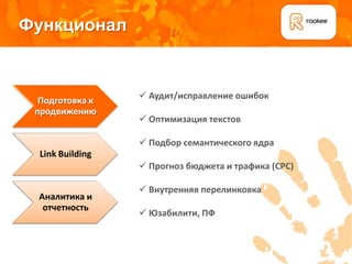 Функционал



   Подготовка к      Аудит/исправление ошибок
  продвижению
                     Оптимизация текстов
Плашка для подзаголовков
                     Подбор семантического ядра
   Link Building
                     Прогноз бюджета и трафика (CPC)

                     Внутренняя перелинковка
   Аналитика и
    отчетность
                     Юзабилити, ПФ
 
