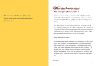 And why you should read it
The heavens are the heavens of the Lord,           This book is about creating a greener church in the Greater Lon-
but the earth he has entrusted to his children     don area. It is about why and how your church can be a lot more
                                                   environmentally friendly very quickly and without spending a lot of
The Book of Psalms
                                                   money.

                                                   58% of Londoners say that they are Christian*. Eleven percent of
                                                   the Christian population of the UK live in London. As a city, and as
                                                   Christians, we have a huge opportunity to work together, responding
                                                   to the challenge of climate change and environmental justice. Most
                                                   churches are now finding ways to tackle this challenge.

                                                   Why should we care?

                                                   So why should Christians care about the environment? At the centre
                                                   of our faith, the gift of the Incarnation is a new relationship with
                                                   God through Jesus Christ and the Spirit. Christians believe that in
                                                   Christ, God comes down and interacts with his own Creation. The
                                                   Gospels show Him walking about on the Earth, eating, drinking,
                                                   sleeping, laughing and crying with us, sharing in our humanity and
                                                   becoming part of our world in the midst of its problems and suffer-
                                                   ing.


                                                 * 2001 Census

                                                                                                                        
 