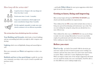 How long will the action take?                                        ...and finally Other ideas for more great suggestions which don’t
                                                                      quite fit into the other categories.
		                A quick action or change to the way things are
		                done (less than 1 week)
                                                                      Getting to know, fixing and improving
		                Needs more time (1 week - 2 months)
                                                                      Most sections begin with tips for GETTING TO KNOW your
		                Long term commitment, which might need 	            church and identify possibilities for improvements.
		                more consultation (longer than 2 months)
                                                                      This is followed by the FIX section which includes ideas on how to
		                Do this regularly (annually) to make sure your
                                                                      bring your general housekeeping and maintenance up to date. You
	        	        church continues to be as efficient as possible.
                                                                      can start making the savings by using what you already have in a
                                                                      more efficient way.

The actions have been divided up into five sections:                  This is followed by other ways to IMPROVE the way you do things
                                                                      to make even more savings. Remember, if you are in any doubt,
Your Building and Grounds, which looks at church buildings            employ the professionals and seek advice from someone in charge
and any surrounding land which you might be able to improve and       before making any major changes.
develop

Lighting which covers all lightbulbs, fittings and natural light as   Before you start
well
                                                                      Here’s a tip – get hold of last month’s bills for electricity, gas
How your community uses Water and suggestions to reduce con-          and water (make sure they’re based on proper meter readings, not
sumption                                                              estimates) and note how many units were used or how much money
                                                                      was spent. Make a wall chart or notice displaying these figures.
Rubbish and how to buy good things to guide the way that              When you begin to make some of the changes suggested in this book
your community can reduce waste, recycle as much as possible and      you can, month by month, note your consumption. You’ll be able to
purchase wisely;                                                      see what difference you’re making straight away.
14                                                                                                                                         15
 