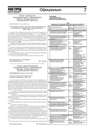 НОВОУЛЬЯНОВСК
№ 22 (154) 1 ИЮНЯ 2007 г. г.
№ 46 (126) 17 ноября 2006
                                                                                  Официально                                                                                                7
                     Совет депутатов                                                                    ПРИЛОЖЕНИЕ
             муниципального образования                                                                 к постановлению Главы
                                                                                                        администрации муниципального
                « Го р о д Н о в о у л ь я н о в с к »                                                  образования «Город Новоульяновск»
                  Ульяновской области
                                                                                                                                         ПЛАН
   РЕШЕНИЕ № 280 от 15 марта 2007 года                                                                      мероприятий по обеспечению безопасности населения на водоемах в
                                                                                                             муниципальном образовании «Город Новоульяновск» на 2007 год.
                                                                                                      №
    Об утверждении целевой программы «Охрана окружающей сре                                           пп Наименование мероприятий                       Срок       Ответственный исполнитель
      д ы м у н и ц и п а л ь н о г о о б р а з о в а н и я « Го р о д Н о в о у л ь я н о в с к »                                                       проведения
                                      ( 2 0 0 7 – 2 0 1 0 г.г. ) »                                    1. 2.                                              3.         4.
                                                                                                      1. Организационные мероприятия по предупреждению чрезвычайных ситуаций на водоемах
                                                                                                      1.1. Совершенствование системы оповещения                     Вальт В.Г. –начальник отдела ГО
   В соответствии с Федеральным законом Российской Федерации от                                            о возникновении техногенных, природных, постоянно и ЧС администрации
                                                                                                           экологических, чрезвычайных ситуаций                     муниципального
10.01.2002 № 7 – ФЗ «Об охране окружающей среды», п. 11 ч. 1 ст. 16 Федераль                                                                                        образования
ного закона Российской Федерации от 06.10.2003 № 131 – ФЗ «Об общих прин                                                                                             «Город Новоульяновск»
ципах организации местного самоуправления в Российской Федерации», ст. 24                             1.2. Провести заседание КЧС администрации                     Председатель КЧС и ПБ
                                                                                                           муниципальногообразования«ГородНовоульяновск» май         МО «Город Новоульяновск»
закона Ульяновской области от 13.07.2004 № 043 ЗО «О муниципальных обра                                    по вопросу безопасности населения
зованиях Ульяновской области», п. 11 ч. 1 ст. 6 Устава муниципального образо                               на водоемах
                                                                                                      1.3. Оказать методическую помощь                              Вальт В.Г. – начальник отдела ГО
вания «Город Новоульяновск» Совет депутатов муниципального образования «Го                                 предприятиям, организациям в разработке                  и ЧС администрации
род Новоульяновск» решил:                                                                                  организационно планирующих                               муниципального
   1. Утвердить целевую программу «Охрана окружающей среды муниципаль                                      документов по реализации                      май        образования
                                                                                                           Федерального закона от 06.10.2003 года                   «Город Новоульяновск»
ного образования «Город Новоульяновск» (2007 – 2010 г.г.)» согласно Приложе                                №131 ФЗ в области безопасности людей
нию.                                                                                                       на водных объектах.
   2. Признать утратившим силу решение Совета депутатов муниципального об                             1.4. Проводить профилактическую работу                        Вальт В.Г. –начальник отдела ГО
                                                                                                           по предупреждению несчастных случаев          май        и ЧС администрации
разования «Город Новоульяновск» от 10.11.2005 № 50 «Об утверждении городс                                  с людьми на воде в местах массового           ноябрь     муниципального
кой целевой программы «Охрана окружающей среды города Новоульяновска                                       скопления людей на водоемах.                             образования
                                                                                                                                                                     «Город Новоульяновск»,
(2005 – 2010 г.г.)».                                                                                                                                                Щербакова Т.Н.
   3. Настоящее решение вступает в силу со дня его официального опубликова                                                                                          Халилова Г.Н.
ния в газете «Наш город Новоульяновск».                                                                                                                             Косаринова С.А.
                                                                                                                                                                      главные специалисты отдела
   4. Контроль за исполнением настоящего решения оставляю за собой.                                                                                                 по взаимодействию с
                                                                                                                                                                    территориями администрации
                                                                                                                                                                    муниципального образования
                                                                                                                                                                    «Город Новоульяновск»
   Гл а в а м у н и ц и п а л ь н о г о о б р а з о в а н и я                                         1.5. Довести через средства массовой                          Вальт В.Г. –начальник отдела ГО
   « Го р о д Н о в о у л ь я н о в с к »                                      Ю . И . Го р ш к о в        информации до населения правил                           и ЧС администрации
                                                                                                           безопасного поведения на воде                 май        муниципального образования
                                                                                                                                                                    «Город Новоульяновск»
                                                                                                                                                                    Степанова Л.М. – главный
                                                                                                                                                                    редактор газеты
                   Гл а в а а д м и н и с т р а ц и и                                                                                                               «Наш город Новоульяновск»
                                                                                                                                                                    (по согласованию)
              муниципального образования                                                                                              2. Весенне летний период
                                                                                                      2.1. Разработка и утверждение «Плана                          Вальт В.Г. –начальник отдела ГО
                « Го р о д а Н о в о у л ь я н о в с к »                                                   мероприятий по обеспечению                               и ЧС администрации
                   Ул ь я н о в с к о й о б л а с т и                                                      безопасности населения на водоемах в          май        муниципального образования
                                                                                                           муниципальном образовании                                 «Город Новоульяновск»
                                                                                                           «Город Новоульяновск» на 2007 год.»
   П О С ТА Н О В Л Е Н И Е № 2 4 0 о т 1 8 м а я 2 0 0 7                                             2.2. Развернуть в местах массового отдыха и                   МУП «Дирекция по управлению
                                                                                                           купания населения оборудованных постов        на         и эксплуатации муниципального
   О мерах по обеспечению безопасности                                                                     и определение зоны ответственности.           период     хозяйства
                                                                                                           Городской бассейн.                            купального «Город Новоульяновск»
   населения на водоемах в 2007 году                                                                       (Развернуть спасательный пост на              сезона     Контроль:
                                                                                                           городском бассейне и на период                           Вальт В.Г. –начальник отдела ГО
                                                                                                           купального сезона ввести в штат                          и ЧС, администрации
   В соответствии со статьей 50 Водного кодекса Российской Федерации, по                                   2 3 единицы спасателей.)                                 муниципального образования
становлениями Правительства Ульяновской области от 16.01.2006 года №3 «Об                                                                                           «Город Новоульяновск»
утверждении Правил охраны жизни людей на водных объектах Ульяновской об                               2.3. Проведение водолазного обследования,                     Владельцы водных объектов
                                                                                                           очистка водных объектов для массового         до         (по согласованию),
ласти», от 26.03.2007 года №149 пр «О мерах по обеспечению безопасности на                                 купания населения с составлением акта,        начала     отдел ГИМС МЧС России
водоемах Ульяновской области на 2007 год», пунктом 32 части 1 статьи 6 Устава                              проведения технического освидетельствова купального по Ульяновской области
муниципального образования «Город Новоульяновск», в целях обеспечения бе                                   ния с выдачей заключения о годности           сезона     (по согласованию),
                                                                                                           к эксплуатации.                                          администрация
зопасности людей на водоемах в муниципальном образовании «Город Новоуль                                    (По мере необходимости)                                  муниципального образования
яновск», п о с т а н о в л я ю:                                                                                                                                     «Город Новоульяновск»
                                                                                                      2.4. Проведение месячника безопасности                        МУП «Дирекция по управлению и
        1. Утвердить План мероприятий по обеспечению безопасности населе                                   на водоемах и анализ его итогов.              июль       эксплуатации муниципального
ния на водоемах в муниципальном образовании «Город Новоульяновск» на 2007                                                                                           хозяйства
год (Приложение).                                                                                                                                                    «Город Новоульяновск»,
                                                                                                                                                                    администрация
        2. Закрепить городской бассейн для технического обслуживания на пери                                                                                        муниципального образования
од купального сезона за МУП «Дирекция по управлению и эксплуатации муни                                                                                             «Город Новоульяновск»
                                                                                                      2.5. Проведение контрольных проверок                          Владельцы водных объектов
ципального хозяйства».                                                                                     по вопросам обеспечения безопасности                     (по согласованию),
        3.Определить места купания связанными с риском для жизни и здоровья                                детей на пляжах.                              июнь       администрация
населения:                                                                                                                                               август     муниципального образования
                                                                                                                                                                     «Город Новоульяновск»
     в городе Новоульяновске: Кременский залив, карьер в районе улицы Карь                            2.6. Использование водных объектов для                        Администрация
ерной;                                                                                                     любительского и спортивного рыболовства                  муниципального образования
                                                                                                           по согласованию с федеральными органами. май             «Город Новоульяновск»
     в селе Криуши: Криушинский залив.                                                                2.7. Сроки купального сезона в муниципальном                  Администрация
   4. Вальт В.Г. – начальнику отдела ГО и ЧС администрации муниципального                                  образовании «Город Новоульяновск»             с 1 июня муниципального образования
образования «Город Новоульяновск» принять необходимые меры по обеспече                                                                                   по         «Город Новоульяновск».
                                                                                                                                                         30 августа СМИ
нию безопасности людей на водоемах в муниципальном образовании.                                       2.8.Обеспечение контроля за несанкциони                       Володина Н.Н. –
   5. Рекомендовать руководителям предприятий, организаций принять учас                                    рованным производством работ по выемке                   главный специалист
тие в реализации Плана мероприятий по обеспечению безопасности населения                                   грунта вблизи берега р.Волга, водоемов.       постоянно по природопользованию
                                                                                                                                                                    и экологии отдела природных
на водоемах в муниципальном образовании «Город Новоульяновск» на 2007 год..                                                                                         ресурсов, АПК, промышленности,
   6. Признать утратившим силу постановление Главы администрации муници                                                                                             транспорта и связи.
                                                                                                                                       3. Осенне зимний период
пального образования «Город Новоульяновск» от 02.05.2006 года №110 «О ме                              3.1. Определение мест массового подледного                    Администрация
рах по обеспечению безопасности населения на водоемах»                                                     лова рыбы по согласованию с государствен                 муниципального образования
   7. Настоящее постановление вступает в законную силу с момента подписа                                   ными органами, а также организация                       «Город Новоульяновск»
                                                                                                           обеспечения безопасности рыболовов            ноябрь
ния.                                                                                                       на льду.                                      декабрь
   8. Контроль за исполнением настоящего постановления оставляю за собой.                             3.2. Развертывание в местах массового                         Администрация
                                                                                                           подледного лова рыбы спасательных             ноябрь     муниципального образования
                                                                                                           постов.                                       декабрь «Город Новоульяновск»
   Гл а в а а д м и н и с т р а ц и и                                    М.К. Володарский
 