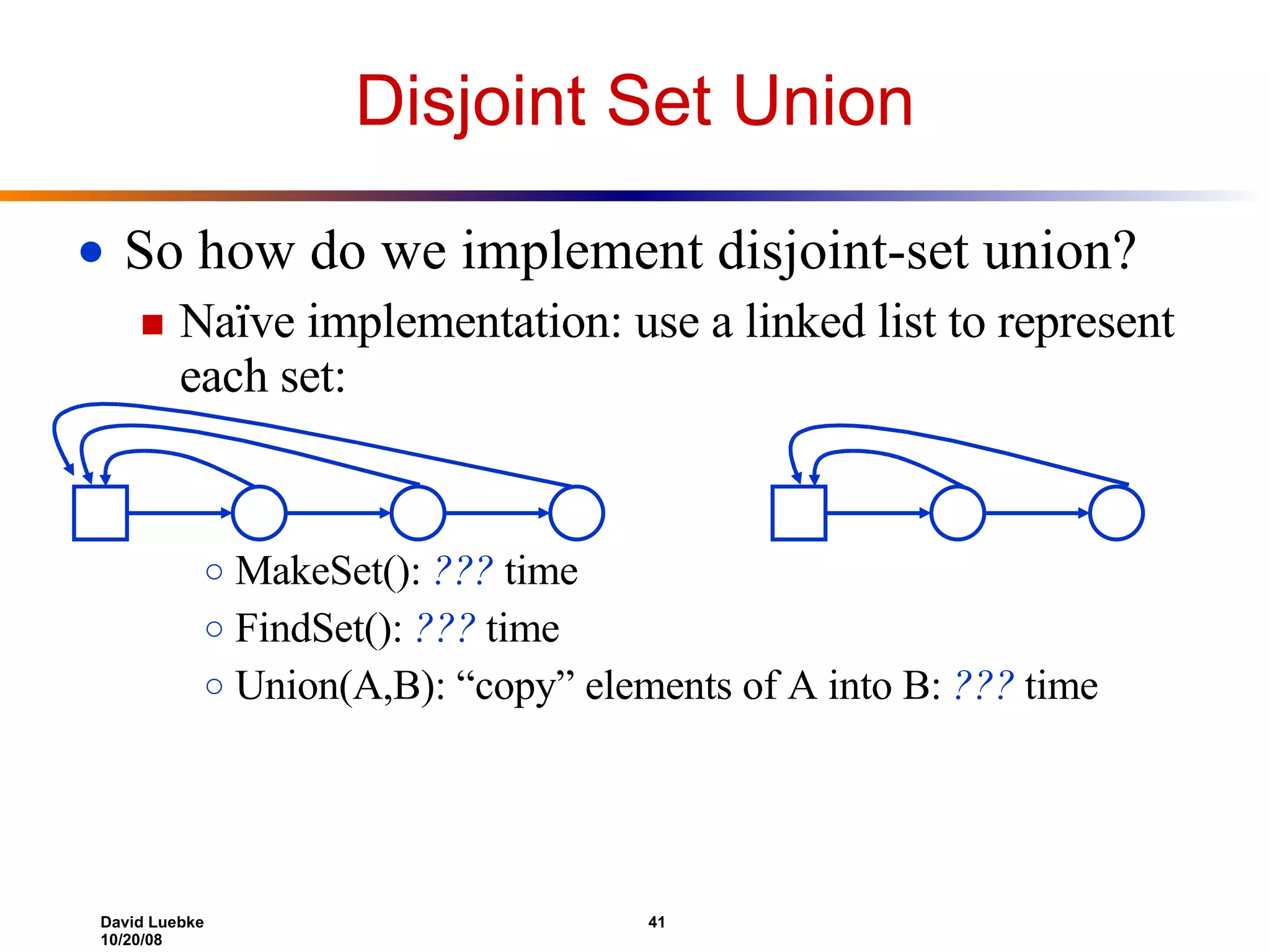 Disjoint Set Union So how do we implement disjoint-set union? Naïve implementation: use a linked list to represent each set: MakeSet(): ??? time FindSet(): ??? time Union(A,B): “copy” elements of A into B: ??? time 