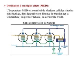  Distillation à multiples effets (MED):
  L'évaporateur MED est constitué de plusieurs cellules simples
  consécutives, dans lesquelles on diminue la pression (et la
  température) du premier (chaud) au dernier (le froid).
 