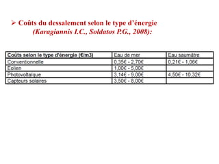  Coûts du dessalement selon le type d’énergie
      (Karagiannis I.C., Soldatos P.G., 2008):
 