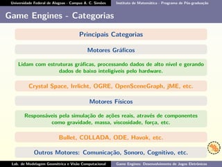 Universidade Federal de Alagoas - Campus A. C. Simões Instituto de Matemática - Programa de Pós-graduação
Game Engines - Categorias
Principais Categorias
Motores Gráﬁcos
Lidam com estruturas gráﬁcas, processando dados de alto nível e gerando
dados de baixo inteligíveis pelo hardware.
Crystal Space, Irrlicht, OGRE, OpenSceneGraph, jME, etc.
Motores Físicos
Responsáveis pela simulação de ações reais, através de componentes
como gravidade, massa, viscosidade, força, etc.
Bullet, COLLADA, ODE, Havok, etc.
Outros Motores: Comunicação, Sonoro, Cognitivo, etc.
Lab. de Modelagem Geométrica e Visão Computacional Game Engines: Desenvolvimento de Jogos Eletrônicos
 