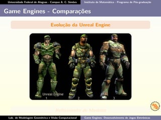 Universidade Federal de Alagoas - Campus A. C. Simões Instituto de Matemática - Programa de Pós-graduação
Game Engines - Comparações
Evolução da Unreal Engine
Reﬁnamento de Modelos
Lab. de Modelagem Geométrica e Visão Computacional Game Engines: Desenvolvimento de Jogos Eletrônicos
 