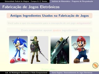 Universidade Federal de Alagoas - Campus A. C. Simões Instituto de Matemática - Programa de Pós-graduação
Fabricação de Jogos Eletrônicos
Antigos Ingredientes Usados na Fabricação de Jogos
Você sabe o que era necessário para a concepção de um jogo antigamente!
Eram necessários apenas quatro ingredientes!
Eram eles...
Lab. de Modelagem Geométrica e Visão Computacional Game Engines: Desenvolvimento de Jogos Eletrônicos
 