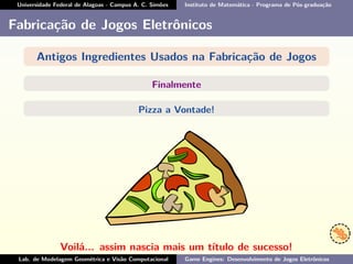 Universidade Federal de Alagoas - Campus A. C. Simões Instituto de Matemática - Programa de Pós-graduação
Fabricação de Jogos Eletrônicos
Antigos Ingredientes Usados na Fabricação de Jogos
Finalmente
Pizza a Vontade!
Voilá... assim nascia mais um título de sucesso!
Lab. de Modelagem Geométrica e Visão Computacional Game Engines: Desenvolvimento de Jogos Eletrônicos
 