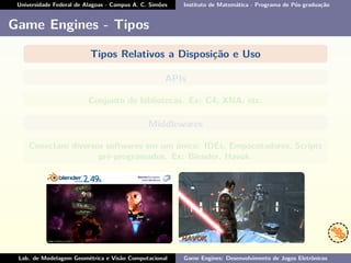 Universidade Federal de Alagoas - Campus A. C. Simões Instituto de Matemática - Programa de Pós-graduação
Game Engines - Tipos
Tipos Relativos a Disposição e Uso
APIs
Conjunto de bibliotecas. Ex: C4, XNA, etc.
Middlewares
Conectam diversos softwares em um único: IDEs, Empacotadores, Scripts
pré-programados. Ex: Blender, Havok.
Lab. de Modelagem Geométrica e Visão Computacional Game Engines: Desenvolvimento de Jogos Eletrônicos
 