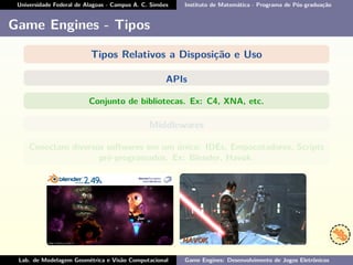Universidade Federal de Alagoas - Campus A. C. Simões Instituto de Matemática - Programa de Pós-graduação
Game Engines - Tipos
Tipos Relativos a Disposição e Uso
APIs
Conjunto de bibliotecas. Ex: C4, XNA, etc.
Middlewares
Conectam diversos softwares em um único: IDEs, Empacotadores, Scripts
pré-programados. Ex: Blender, Havok.
Lab. de Modelagem Geométrica e Visão Computacional Game Engines: Desenvolvimento de Jogos Eletrônicos
 