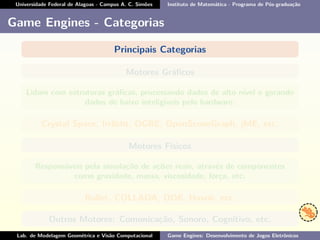 Universidade Federal de Alagoas - Campus A. C. Simões Instituto de Matemática - Programa de Pós-graduação
Game Engines - Categorias
Principais Categorias
Motores Gráﬁcos
Lidam com estruturas gráﬁcas, processando dados de alto nível e gerando
dados de baixo inteligíveis pelo hardware.
Crystal Space, Irrlicht, OGRE, OpenSceneGraph, jME, etc.
Motores Físicos
Responsáveis pela simulação de ações reais, através de componentes
como gravidade, massa, viscosidade, força, etc.
Bullet, COLLADA, ODE, Havok, etc.
Outros Motores: Comunicação, Sonoro, Cognitivo, etc.
Lab. de Modelagem Geométrica e Visão Computacional Game Engines: Desenvolvimento de Jogos Eletrônicos
 