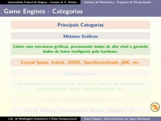 Universidade Federal de Alagoas - Campus A. C. Simões Instituto de Matemática - Programa de Pós-graduação
Game Engines - Categorias
Principais Categorias
Motores Gráﬁcos
Lidam com estruturas gráﬁcas, processando dados de alto nível e gerando
dados de baixo inteligíveis pelo hardware.
Crystal Space, Irrlicht, OGRE, OpenSceneGraph, jME, etc.
Motores Físicos
Responsáveis pela simulação de ações reais, através de componentes
como gravidade, massa, viscosidade, força, etc.
Bullet, COLLADA, ODE, Havok, etc.
Outros Motores: Comunicação, Sonoro, Cognitivo, etc.
Lab. de Modelagem Geométrica e Visão Computacional Game Engines: Desenvolvimento de Jogos Eletrônicos
 