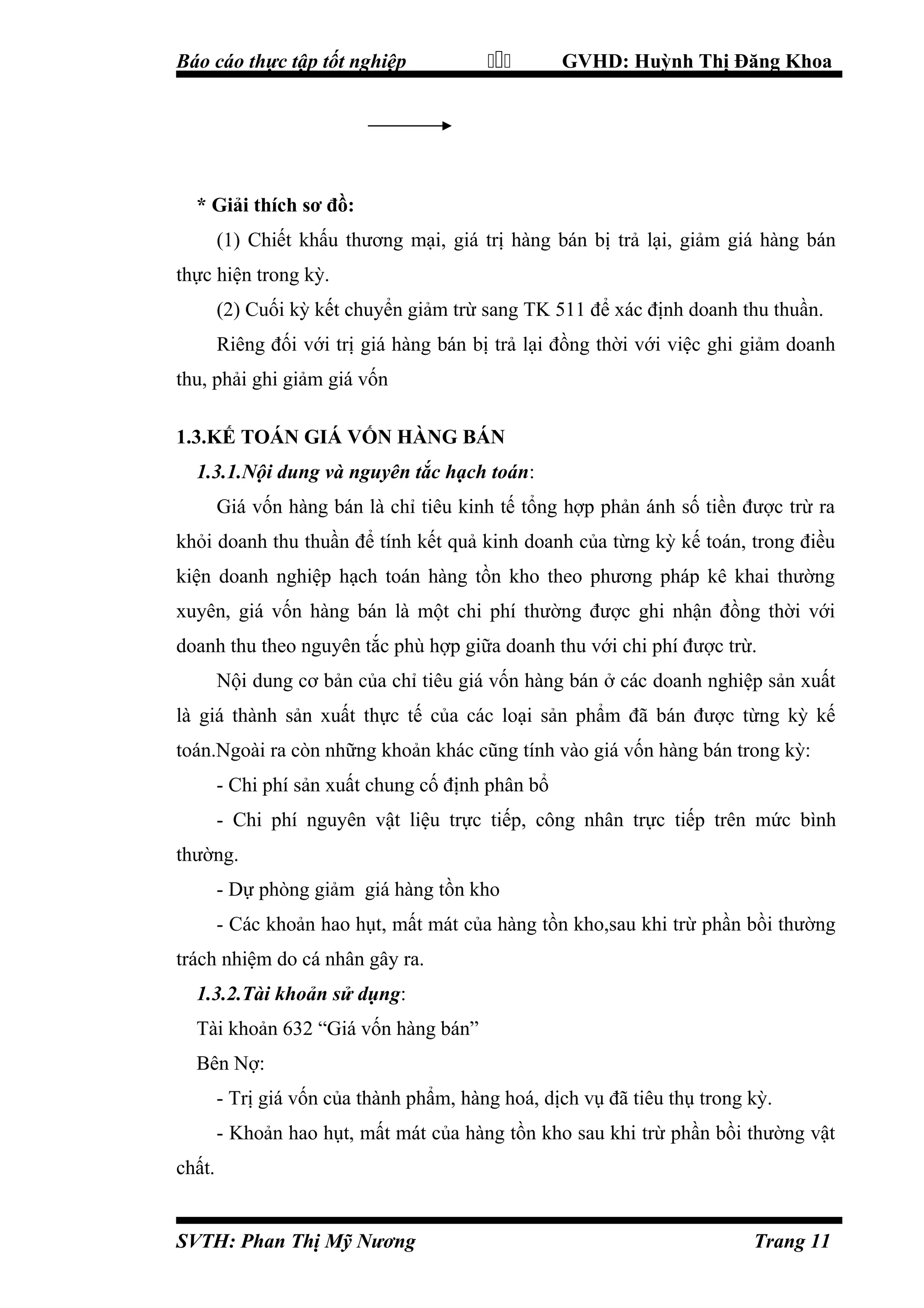 Báo cáo thực tập tốt nghiệp



GVHD: Huỳnh Thị Đăng Khoa

* Giải thích sơ đồ:
(1) Chiết khấu thương mại, giá trị hàng bán bị trả lại, giảm giá hàng bán
thực hiện trong kỳ.
(2) Cuối kỳ kết chuyển giảm trừ sang TK 511 để xác định doanh thu thuần.
Riêng đối với trị giá hàng bán bị trả lại đồng thời với việc ghi giảm doanh
thu, phải ghi giảm giá vốn
1.3.KẾ TOÁN GIÁ VỐN HÀNG BÁN
1.3.1.Nội dung và nguyên tắc hạch toán:
Giá vốn hàng bán là chỉ tiêu kinh tế tổng hợp phản ánh số tiền được trừ ra
khỏi doanh thu thuần để tính kết quả kinh doanh của từng kỳ kế toán, trong điều
kiện doanh nghiệp hạch toán hàng tồn kho theo phương pháp kê khai thường
xuyên, giá vốn hàng bán là một chi phí thường được ghi nhận đồng thời với
doanh thu theo nguyên tắc phù hợp giữa doanh thu với chi phí được trừ.
Nội dung cơ bản của chỉ tiêu giá vốn hàng bán ở các doanh nghiệp sản xuất
là giá thành sản xuất thực tế của các loại sản phẩm đã bán được từng kỳ kế
toán.Ngoài ra còn những khoản khác cũng tính vào giá vốn hàng bán trong kỳ:
- Chi phí sản xuất chung cố định phân bổ
- Chi phí nguyên vật liệu trực tiếp, công nhân trực tiếp trên mức bình
thường.
- Dự phòng giảm giá hàng tồn kho
- Các khoản hao hụt, mất mát của hàng tồn kho,sau khi trừ phần bồi thường
trách nhiệm do cá nhân gây ra.
1.3.2.Tài khoản sử dụng:
Tài khoản 632 “Giá vốn hàng bán”
Bên Nợ:
- Trị giá vốn của thành phẩm, hàng hoá, dịch vụ đã tiêu thụ trong kỳ.
- Khoản hao hụt, mất mát của hàng tồn kho sau khi trừ phần bồi thường vật
chất.

SVTH: Phan Thị Mỹ Nương

Trang 11

 