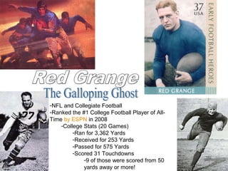 -NFL and Collegiate Football
-Ranked the #1 College Football Player of AllTime by ESPN in 2008
-College Stats (20 Games)
-Ran for 3,362 Yards
-Received for 253 Yards
-Passed for 575 Yards
-Scored 31 Touchdowns
-9 of those were scored from 50
yards away or more!

 