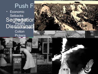 •

Push Factors of the Great
Economic
Migration
Setbacks

• The Boll
Segregation/
Weavil
Discrimination
• Mechanized
Cotton
Pickers

 