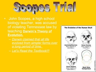 • John Scopes, a high school
biology teacher, was accused
of violating Tennessee law by
teaching Darwin’s Theory of

Evolution.
– Darwin claimed that all life
evolved from simpler forms over
a long period of time.
– Let’s Read the Textbook!!!

 