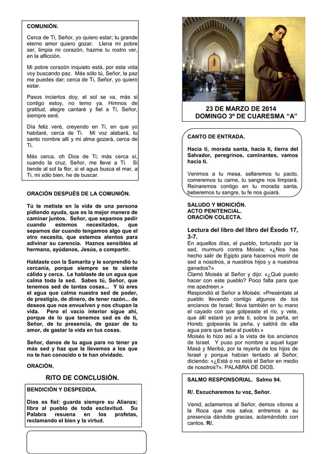 GUIÓN DE LA MISA DEL DOMINGO 3º DE CUARESMA. CICLO A. DIA 23 DE MARZO