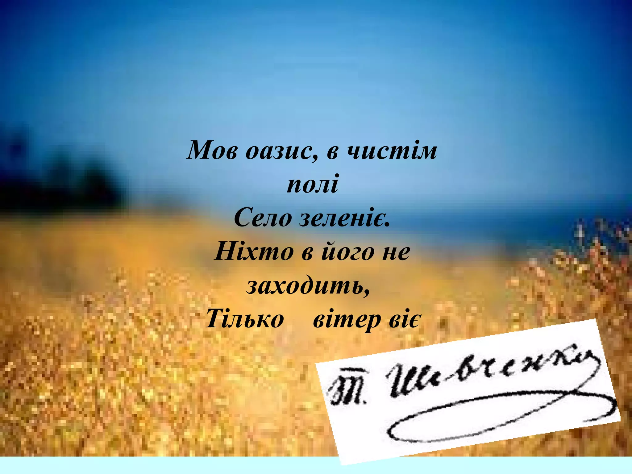 Мов оазис, в чистім
полі
Село зеленіє.
Ніхто в його не
заходить,
Тілько вітер віє
 