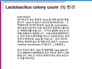 Lactobacillus colony count (1) 원리
broth dilution
검사하고자 하는 항균제 stock 을 액체 배지와 혼합
합니다 . stock 의 농도가 반으로 희석되겠지요 . 그
액체배지로 희석된 항균제 stock 을 serial dilution
해서 높은 농도부터 낮은 농도까지 항균제가 들어있
는 액체배지를 만듭니다 . 거기에 일정한 농도의 균
액을 접종하여 배양합니다 . 저농도항균제용액에서
는 균이 자라서 혼탁해질 것이고 고농도에서는 균이
자라지 못하므로 clear 할 것입니다 . 균이 자라지
못하는 항균제 농도 중 제일 낮은 농도가 minimum
inhibitory concentration 이 됩니다 . ( 그림참조 )
균이 자라지 않아 clear 한 배양액을 agar plate 에
다시 접종해서 배양해보면 균이 자라는 경우가 대부
분입니다 . MIC 는 자라지 못하게 하는 최저 농도이
지 균을 죽이지는
 
