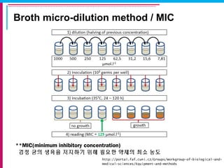 Broth micro-dilution method / MIC
http://portal.faf.cuni.cz/Groups/Workgroup-of-biological-and-
medical-sciences/Equipment-and-methods
**MIC(minimum inhibitory concentration)
검정 균의 생육을 저지하기 위해 필요한 약제의 최소 농도
 