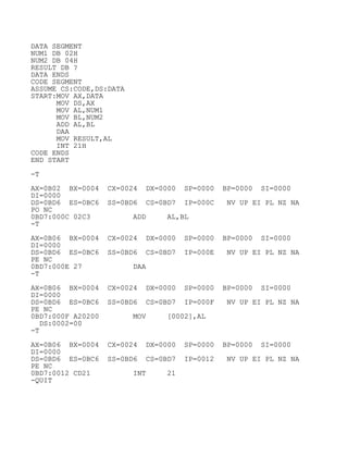 DATA SEGMENT
NUM1 DB 02H
NUM2 DB 04H
RESULT DB ?
DATA ENDS
CODE SEGMENT
ASSUME CS:CODE,DS:DATA
START:MOV AX,DATA
MOV DS,AX
MOV AL,NUM1
MOV BL,NUM2
ADD AL,BL
DAA
MOV RESULT,AL
INT 21H
CODE ENDS
END START
-T
AX=0B02 BX=0004 CX=0024 DX=0000 SP=0000 BP=0000 SI=0000
DI=0000
DS=0BD6 ES=0BC6 SS=0BD6 CS=0BD7 IP=000C NV UP EI PL NZ NA
PO NC
0BD7:000C 02C3 ADD AL,BL
-T
AX=0B06 BX=0004 CX=0024 DX=0000 SP=0000 BP=0000 SI=0000
DI=0000
DS=0BD6 ES=0BC6 SS=0BD6 CS=0BD7 IP=000E NV UP EI PL NZ NA
PE NC
0BD7:000E 27 DAA
-T
AX=0B06 BX=0004 CX=0024 DX=0000 SP=0000 BP=0000 SI=0000
DI=0000
DS=0BD6 ES=0BC6 SS=0BD6 CS=0BD7 IP=000F NV UP EI PL NZ NA
PE NC
0BD7:000F A20200 MOV [0002],AL
DS:0002=00
-T
AX=0B06 BX=0004 CX=0024 DX=0000 SP=0000 BP=0000 SI=0000
DI=0000
DS=0BD6 ES=0BC6 SS=0BD6 CS=0BD7 IP=0012 NV UP EI PL NZ NA
PE NC
0BD7:0012 CD21 INT 21
-QUIT
 