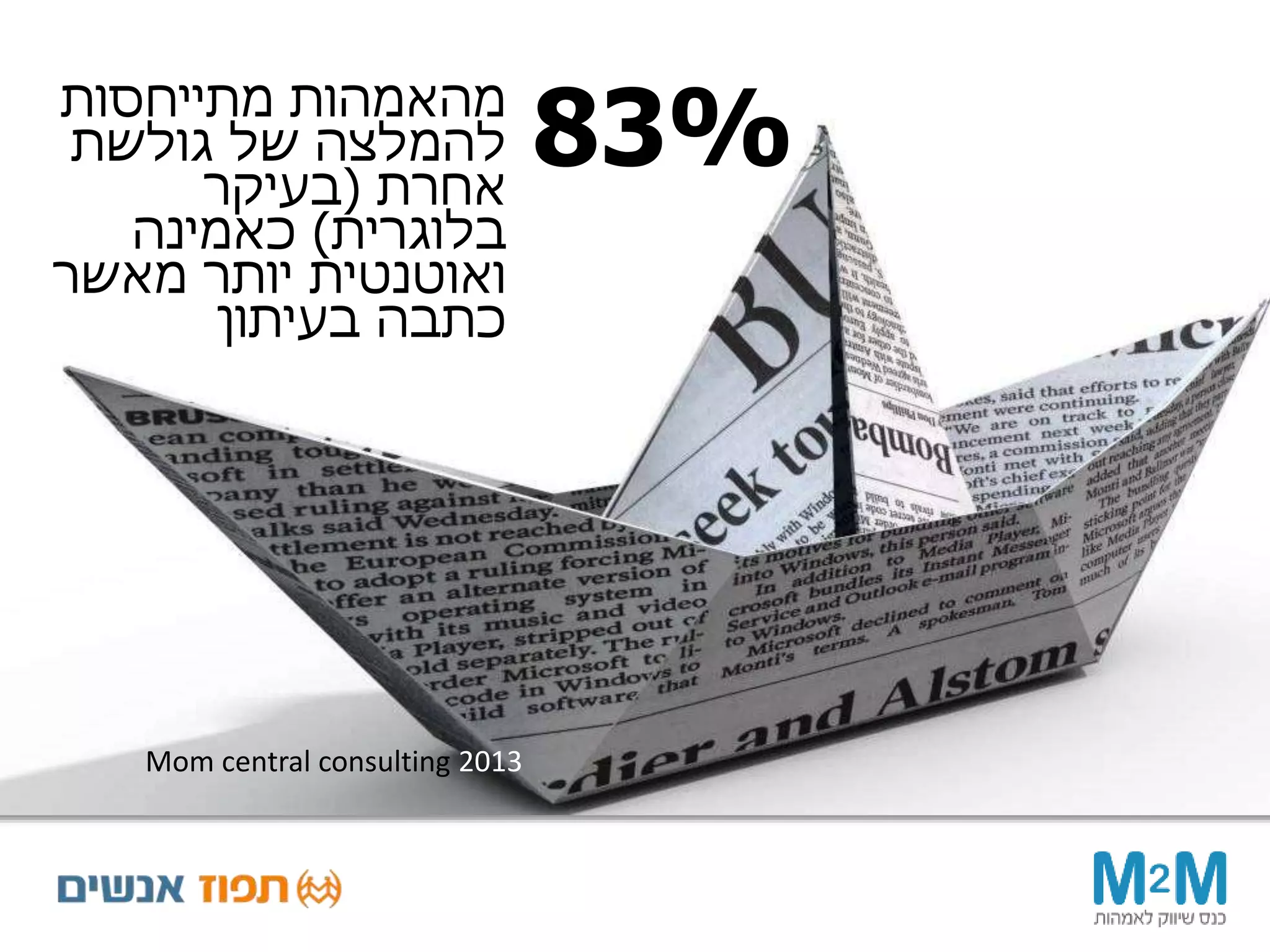 Mom central consulting 2013
‫מתייחסות‬ ‫מהאמהות‬
‫גולשת‬ ‫של‬ ‫להמלצה‬
‫אחרת‬(‫בעיקר‬
‫בלוגרית‬)‫כאמינה‬
‫מאשר‬ ‫יותר‬ ‫ואוטנטית‬
‫בעיתון‬ ‫כתבה‬
83%
 