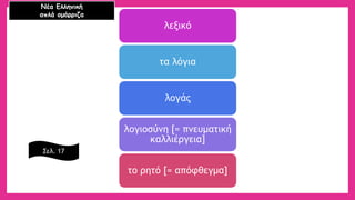 λεξικό 
τα λόγια 
λογάς 
λογιοσύνη [= πνευματική καλλιέργεια] 
το ρητό [= απόφθεγμα] 
Νέα Ελληνική 
απλά ομόρριζα 
Σελ. 17  