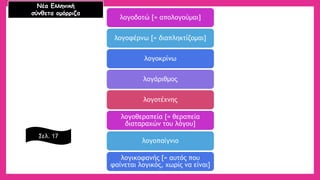 λογοδοτώ [= απολογούμαι] 
λογοφέρνω [= διαπληκτίζομαι] 
λογοκρίνω 
λογάριθμος 
λογοτέχνης 
λογοθεραπεία [= θεραπεία διαταραχών του λόγου] 
λογοπαίγνιο 
λογικοφανής [= αυτός που φαίνεται λογικός, χωρίς να είναι] 
Νέα Ελληνική 
σύνθετα ομόρριζα 
Σελ. 17  