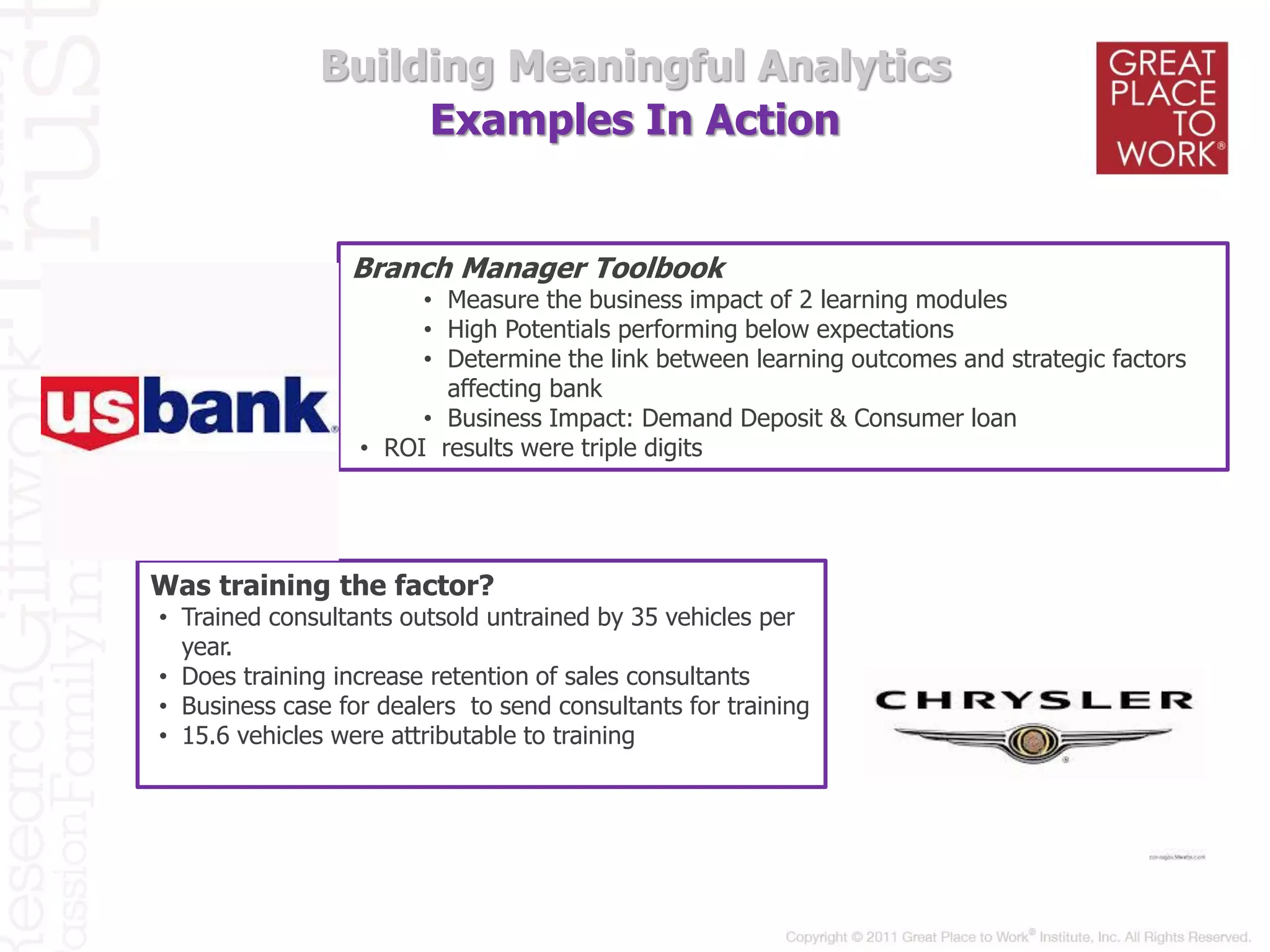 Examples In Action
Branch Manager Toolbook
• Measure the business impact of 2 learning modules
• High Potentials performing below expectations
• Determine the link between learning outcomes and strategic factors
affecting bank
• Business Impact: Demand Deposit & Consumer loan
• ROI results were triple digits
Was training the factor?
• Trained consultants outsold untrained by 35 vehicles per
year.
• Does training increase retention of sales consultants
• Business case for dealers to send consultants for training
• 15.6 vehicles were attributable to training
Building Meaningful Analytics
 