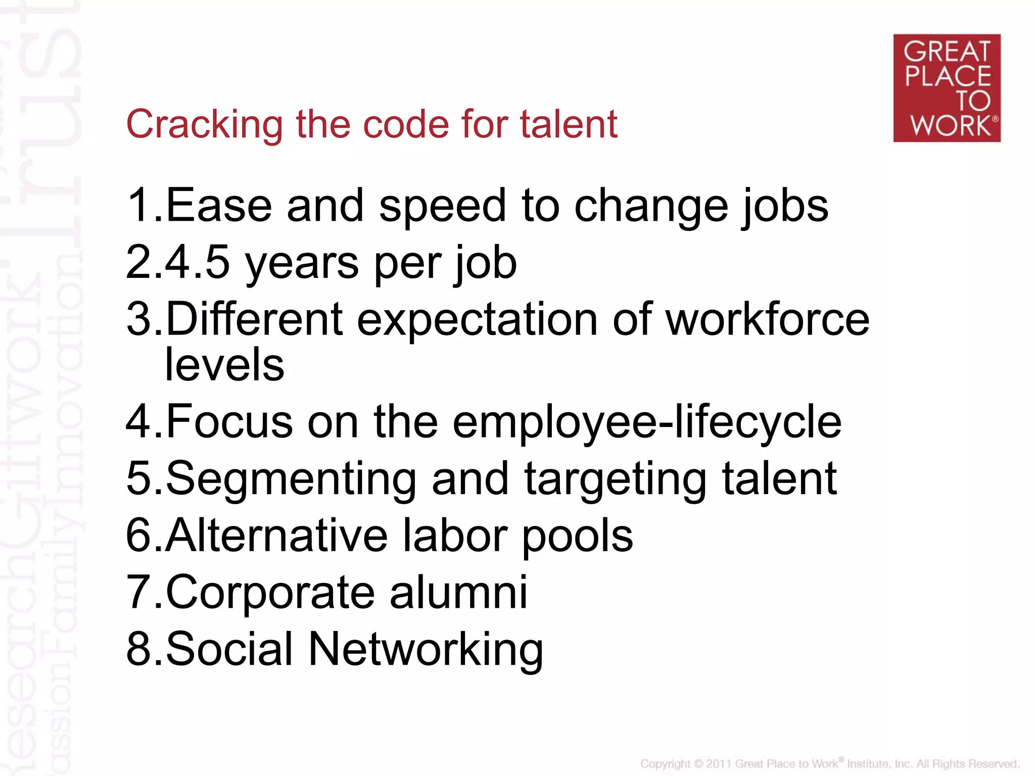 Cracking the code for talent
1.Ease and speed to change jobs
2.4.5 years per job
3.Different expectation of workforce
levels
4.Focus on the employee-lifecycle
5.Segmenting and targeting talent
6.Alternative labor pools
7.Corporate alumni
8.Social Networking
 