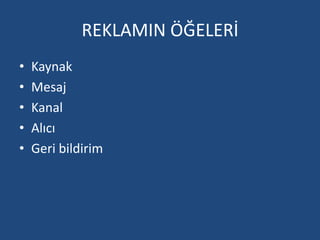 REKLAMIN ÖĞELERİ 
• Kaynak 
• Mesaj 
• Kanal 
• Alıcı 
• Geri bildirim 
 