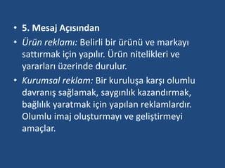 • 5. Mesaj Açısından 
• Ürün reklamı: Belirli bir ürünü ve markayı 
sattırmak için yapılır. Ürün nitelikleri ve 
yararları üzerinde durulur. 
• Kurumsal reklam: Bir kuruluşa karşı olumlu 
davranış sağlamak, saygınlık kazandırmak, 
bağlılık yaratmak için yapılan reklamlardır. 
Olumlu imaj oluşturmayı ve geliştirmeyi 
amaçlar. 
 