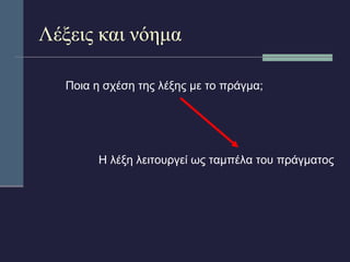 Λέξεις και νόημα 
Ποια η σχέση της λέξης με το πράγμα; 
Η λέξη λειτουργεί ως ταμπέλα του πράγματος 
 
