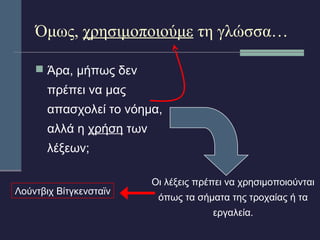 Όμως, χρησιμοποιούμε τη γλώσσα… 
 Άρα, μήπως δεν 
πρέπει να μας 
απασχολεί το νόημα, 
αλλά η χρήση των 
λέξεων; 
Οι λέξεις πρέπει να χρησιμοποιούνται 
όπως τα σήματα της τροχαίας ή τα 
εργαλεία. 
Λούντβιχ Βίτγκενσταϊν 
 