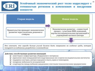 33
Устойчивый экономический рост тесно коррелирует с
готовностью регионов к изменениям и внедрению
новшеств
Действия, способствующие развитию инноваций:
инвестиции в инфраструктуру, оборудование и материалы
укрепление связи между развитием индустриальных зон и научно-исследовательских институтов
поддержка кластеров, центров передового опыта, науки и технопарков;
поощрение мобильности исследователей
и партнерство между учебными заведениями и местными технологическими предприятиями
Это означает, что гораздо больше усилий должно быть направлено на создание среды, которая
поощряет исследования, разработки и нововведения
Старая модель
Правительство проводит экономическое
развитие через политики, решения и
стимулы
Новая модель
Экономическое развитие – совместный
процесс с участием МИО, компаний,
научно-исследовательских организаций и
учреждений частного сектора