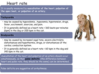 Heart rate
It is usually measured by auscultation of the heart, palpation of
the apex beat, or palpation of an artery.
Tachycardia:-
• may be caused by hypovolemia , hypoxemia, hypotension, drugs,
fever, excitement, exercise, and pain.
• It is generally defined as a heart rate > 160 beats per minutes
(bpm) in the dog or 200 bpm in the cat.
Bradycardia:-
• may be caused by increased vagal tone, severe electrolyte
disturbances and hypothermia, drugs, or disturbances of the
cardiac conduction system.
• It is generally defined as a heart rate < 60 bpm in the dog and
140 bpm in the cat.
Auscultation of the heart and palpation of an artery should occur
simultaneously, so that pulse deficits (the difference between
heart and pulse rate; they should be the same) can be determined.
Pulse deficits are suggestive of arrhythmias.
 