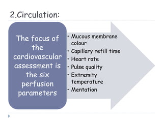 2.Circulation:
• Mucous membrane
colour
• Capillary refill time
• Heart rate
• Pulse quality
• Extremity
temperature
• Mentation
The focus of
the
cardiovascular
assessment is
the six
perfusion
parameters
 