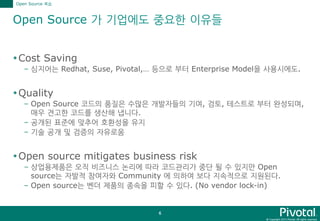 © Copyright 2015 Pivotal. All rights reserved.
6
Open Source 가 기업에도 중요한 이유들
Cost Saving
– 심지어는 Redhat, Suse, Pivotal,… 등으로 부터 Enterprise Model을 사용시에도.
Quality
– Open Source 코드의 품질은 수많은 개발자들의 기여, 검토, 테스트로 부터 완성되며,
매우 견고한 코드를 생산해 냅니다.
– 공개된 표준에 맞추어 호환성을 유지
– 기술 공개 및 검증의 자유로움
Open source mitigates business risk
– 상업용제품은 오직 비즈니스 논리에 따라 코드관리가 중단 될 수 있지만 Open
source는 자발적 참여자와 Community 에 의하여 보다 지속적으로 지원된다.
– Open source는 벤더 제품의 종속을 피할 수 있다. (No vendor lock-in)
Open Source 복습
 