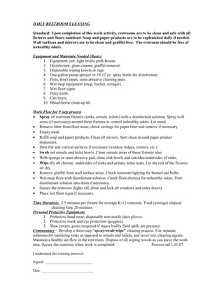 DAILY RESTROOM CLEANING
Standard: Upon completion of this work activity, restrooms are to be clean and safe with all
fixtures and floors sanitized. Soap and paper products are to be replenished daily if needed.
Wall surfaces and mirrors are to be clean and graffiti-free. The restroom should be free of
unhealthy odors.
Equipment and Materials Needed (Basic)
1. Equipment cart, light bristle push broom.
2. Disinfectant, glass cleaner, graffiti remover.
3. Disposable wiping towels or rags.
4. One-gallon pump sprayer or 10-12 oz. spray bottle for disinfectant.
5. Pails, bowl mops, semi-abrasive cleaning pads.
6. Wet mop equipment (mop, bucket, wringer).
7. Wet floor signs.
8. Putty knife.
9. Can liners.
10. Blood-borne clean-up kit
Work Flow for 9 step process
• Spray all restroom fixtures (sinks, urinals, toilets) with a disinfectant solution. Spray wall
areas (if necessary) around these fixtures to control unhealthy odors. Let stand.
• Remove litter from floor areas, check ceilings for paper litter and remove if necessary.
• Empty trash.
• Refill soap and paper products. Clean all mirrors. Spot clean around paper product
dispensers.
• Dust flat and vertical surfaces if necessary (window ledges, corners, etc.)
• Swab out urinals and toilet bowls. Clean outside areas of these fixtures also.
• With sponge or semi-abrasive pad, clean sink bowls and outsides/undersides of sinks.
• Wipe dry all chrome, undersides of sinks and urinals, toilet seats. Let the rest of the fixtures
air dry.
• Remove graffiti from wall surface areas. Check restroom lighting for burned out bulbs.
• Wet-mop floor with disinfectant solution. Check floor drain(s) for unhealthy odors. Pour
disinfectant solution into drain if necessary.
• Secure the restroom (lights off, close and lock all windows and entry doors).
• Place wet floor signs if necessary.
Time Duration: 2.5 minutes per fixture for average K-12 restroom. Total (average) elapsed
cleaning time 20 minutes.
Personal Protective Equipment
1. Protective hand wear: disposable non-sterile latex gloves.
2. Protective mask and eye protection (goggles).
3. Shoe covers, gown (required if major bodily fluid spills are present).
Commentary – Develop a three-step “spray-swab-wipe” cleaning process. Use separate
solutions for sanitizing sinks as opposed to urinals and toilets, and never mix cleaning agents.
Maintain a healthy air-flow in the rest room. Dispose of all wiping towels as you leave the work
area. Secure the restroom when work is completed. Process md 1.11.07
I understand this training protocol:
Signed: __________________________
Date: ____________________________
 
